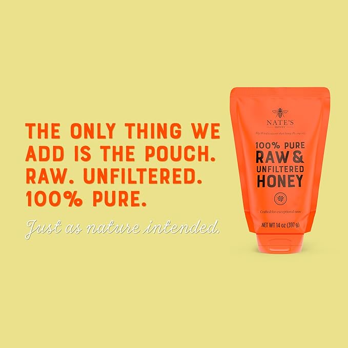 Nature Nate's 100% Guarantee Pure Raw & Unfiltered Honey, No-Drip Sustainable Squeeze Pouch, 14 Oz (Pack of 2)