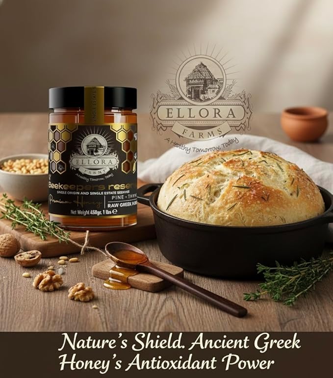 Ellora Farms Greek Honey Single Estate PDO, Pine & Thyme Honey Unfiltered, Beautiful Gift Pack with Dipper, Beekeepers Reserve, Raw & Unfiltered, Gluten Free - 450g (16oz)