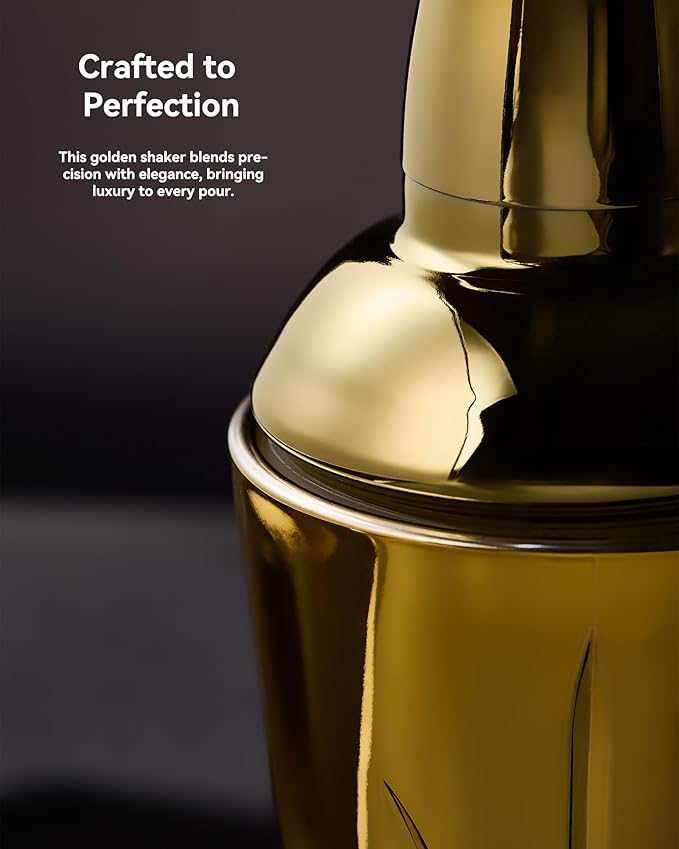 Crystal Cocktail Shaker W/Cutting &Gold Design - 18.5oz-Jumbo Martini Shaker for Elevated Mixology. for Espresso Coffee, Motcha, Mocktail, No Cold Hands. Christmas, Holiday, HomeBar, Parties