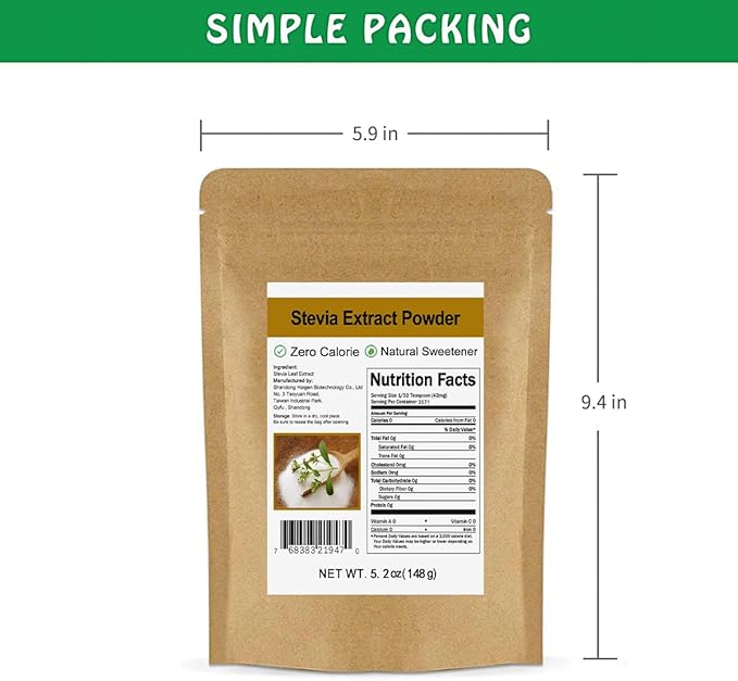Pure Stevia Extract Powder without Erythritol 5.2oz(148g) - Highly Concentrated Stevia Powder Sweetener, Zero Calorie, No Artificial, Natural Sugar Alternative