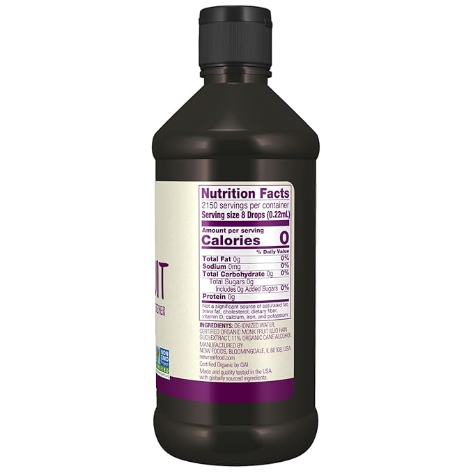 NOW Foods, Certified Organic Monk Fruit Liquid, Zero-Calorie Liquid Sweetener, Non-GMO, Low Glycemic Impact, 16-Ounce