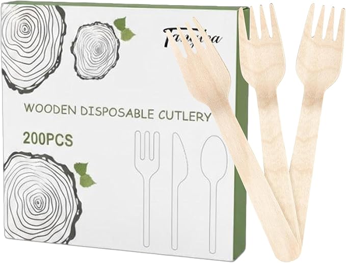 200 Pack Disposable Wooden Forks, 6.2 Inch Compostable Cutlery - Splinter-Free & Sturdy - Biodegradable Utensils Bulk for Weddings, Parties, Catering Services, Events, Camping & Office Lunch