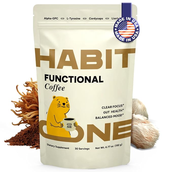 HabitONE Instant Mushroom Coffee Arabica - Lion’s Mane, Cordyceps, Reishi, Chaga – Alpha-GPC & L-Tyrosine, B12 & B3 – Better Energy, Focus, Digestion & Immunity – Made in USA – 30 Servings