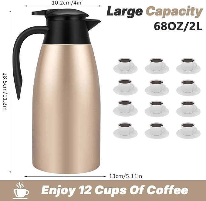 68OZ Thermal Coffee Carafes for Keeping Hot, 2 Liter Stainless Steel Thermal Carafe, Double Wall Vacuum Insulated Pitcher Tea Pot for Coffee Tea Keep Hot 12 Hours, Gold