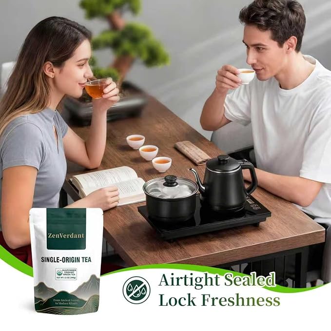 ZenVerdant USDA Organic Gunpowder Tea, 12oz Loose Leaf | Longjing Dragon Well Infused | Resealable Pouch & Smooth Umami