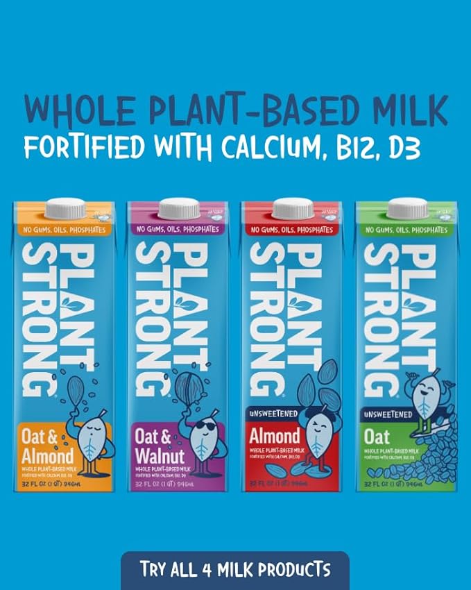 PLANTSTRONG Plant-Based Milks – Non-GMO, Plant-Based, Vegan, Gluten-Free, Dairy-Free, Lactose-Free, Shelf-Stable, No Gums or Oils (Pack of 6 (32 Fl. Oz.), Oat w/Recipe Guide)