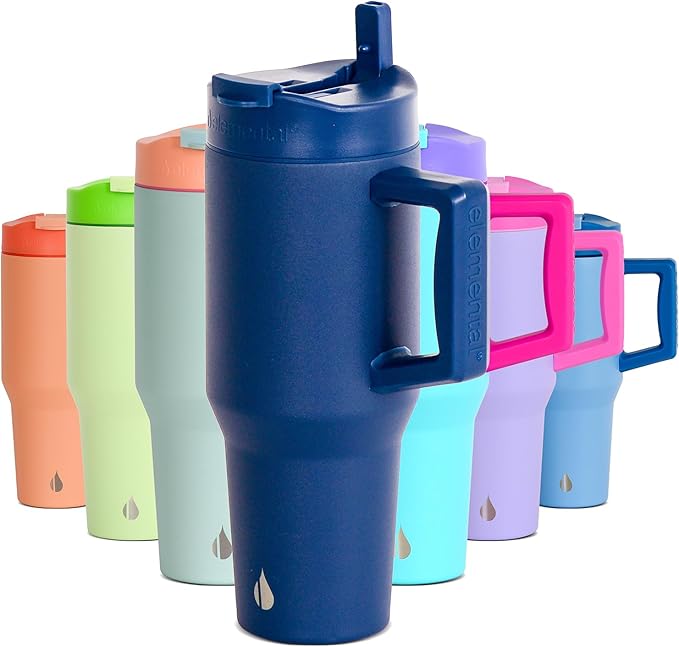 Elemental 32 oz 100% Leak Proof Tumbler with Handle & Straw - Stainless Steel Double Wall Insulated Tumbler for Hot and Cold Beverages - Travel Coffee Mug with Sip & Straw Lid - Navy