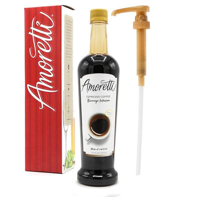 Amoretti - Espresso Coffee Beverage Infusion, 94 Servings Per Bottle (750 ml) - Drink Mix & Water Enhancer with Pump for Flavoring Cocktails, Waters, Teas, and other Beverages, Preservative Free