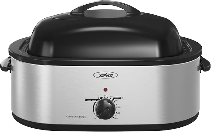 Sunvivi Electric Roaster,18 Quart Roasting Oven with Self-Basting Lid Removable Pan,Turkey Roaster Oven with 150 to 450F Temperature Control Cool-Touch Handles,Silver