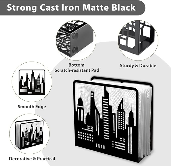 Skyline City Buildings Decorative Black Metal Napkin Holder for Table, 4.9" x 4.7" x 1.9" Skyscraper Standing Napkin Holder for Home Kitchen Restaurant Picnic Party Coffee Bar Dining Room