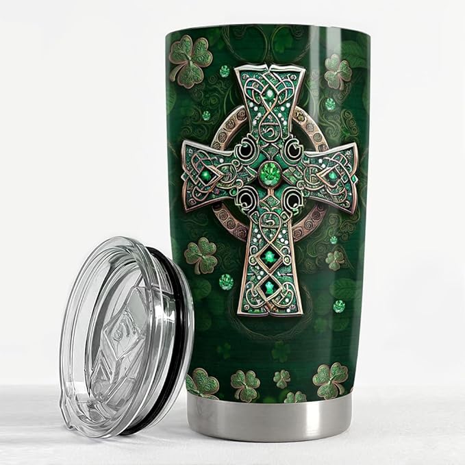 SANDJEST Irish Tumbler 20oz Irish Facts Celtic Cross Stainless Steel Tumbler with Lid Gift for Women Birthday Christmas