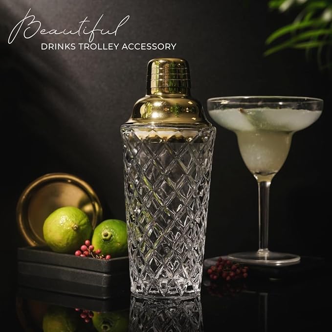 Glass Cocktail Shaker Set - 5 Piece - Gold Martini Shaker Set with Strainer, Jigger, Spoon & Muddler - 16 oz Drink Shakers Cocktail - Ideal Gift for Home Bar & Drink Trolley Décor