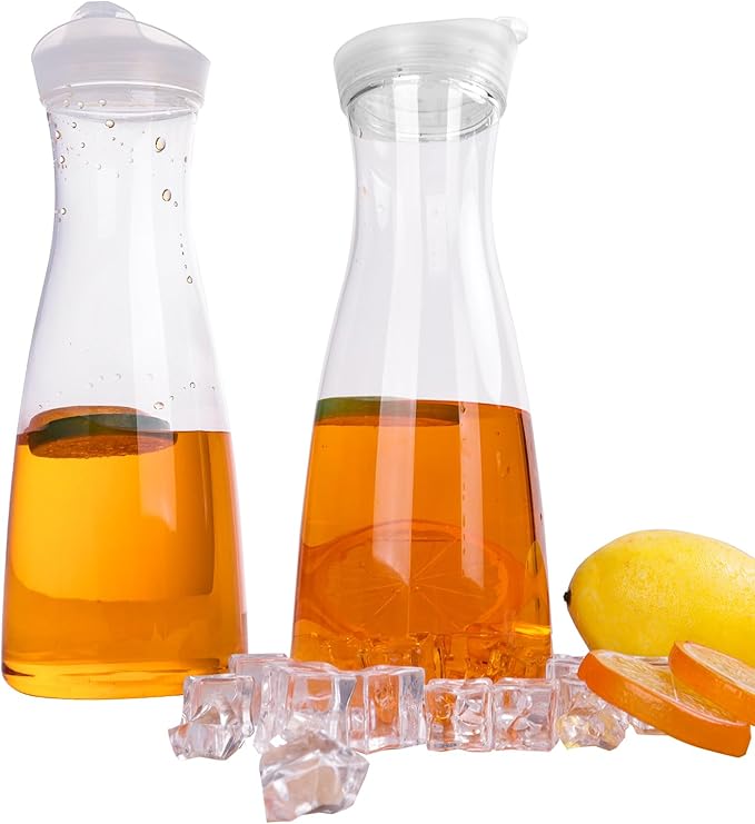 35oz/51oz Plastic Water Carafe with Flip Top Lid, Round Base Juice Containers for Mimosa Bar - BPA-Free Leakproof Beverage Pitcher for Water, Iced Tea, Milk & Fridge Storage（2Pack/35oz ）