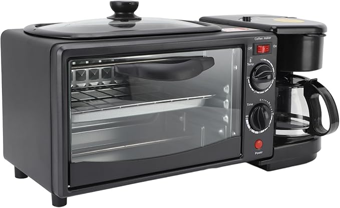 3-in-1 Breakfast Station with Coffee Maker, 4-Slice Toaster Oven, Non-Stick Griddle, 110V