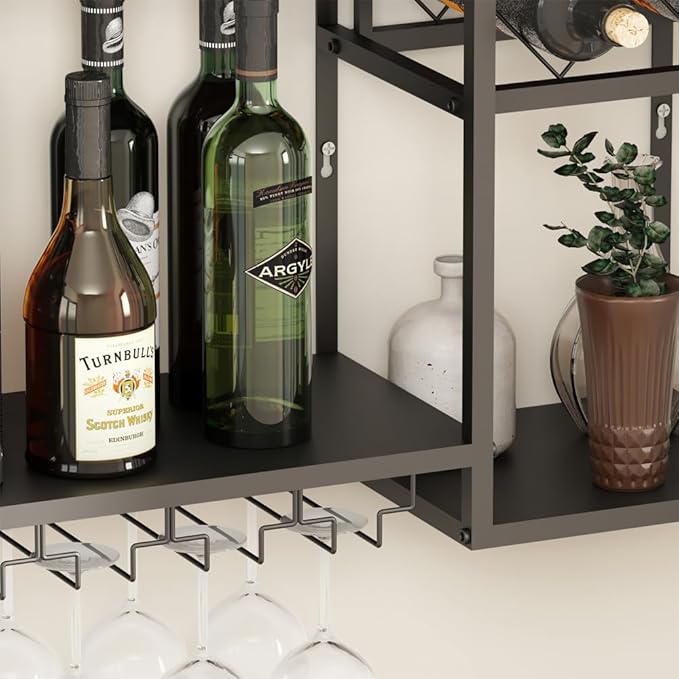 Metal Wall Mounted Wine Rack 2 Tier, Bar Shelves for Liquor Bottles with Glass Holder Storage, Floating Liquor Wall Shelf for Home Bar Kitchen Dining Room (Black)
