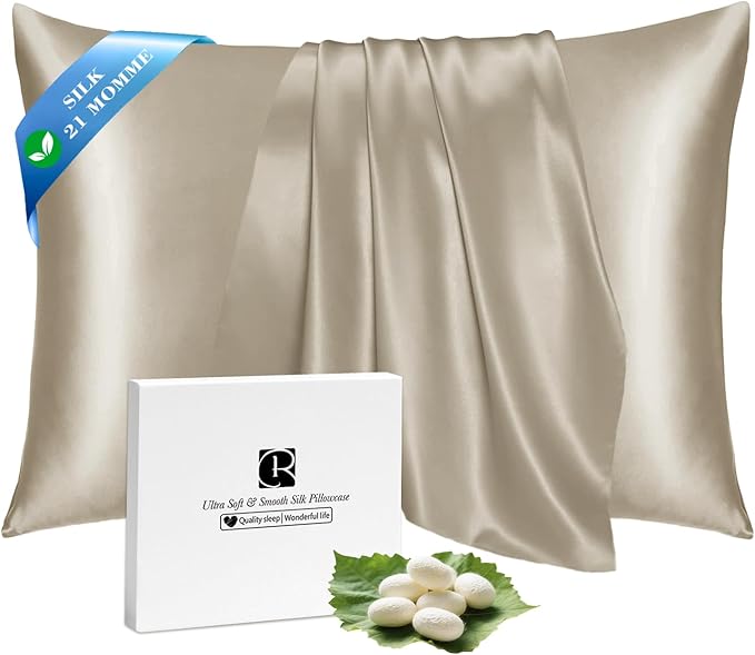 Ravmix Silk Pillow Cases with Zipper, 21momme Mulberry Silk Pillowcase for Hair Skin Health, Soft Smooth Breathable Cool Pillow Cover for Beauty Sleep with Gift Box 1PC(Standard 20"x26", Taupe)