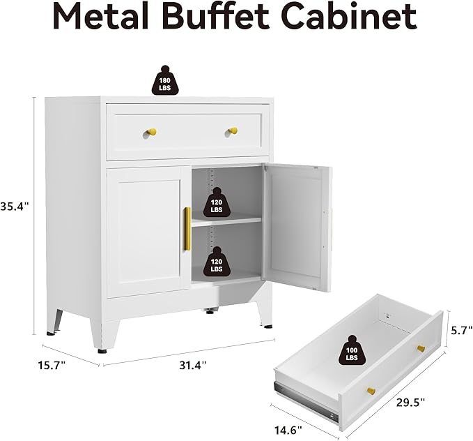 Small Metal Storage Cabinet with Drawer, 35.4" Freestanding Sideboard Cabinets with 2 Doors and Adjustable Shelf, Metal Accent Cabient for Home Office, Dining Room, Living Room, Bathroom, Entryway