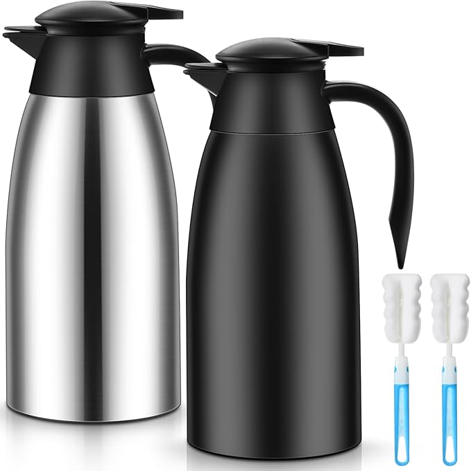 Uiifan 2 Pcs 68oz Thermal Coffee Carafe Insulated Stainless Steel Thermal Coffee Carafe Double Walled Vacuum Flask Carafes with Brushes for Keeping Tea for 12 Hours(Black, Silver)