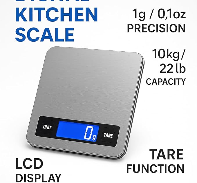Digital Kitchen Scale 10kg/22lb – 1g High Precision Food Scale, Stainless Steel Platform, LCD Display, Tare Function, Battery Powered for Cooking, Baking & Meal Prep