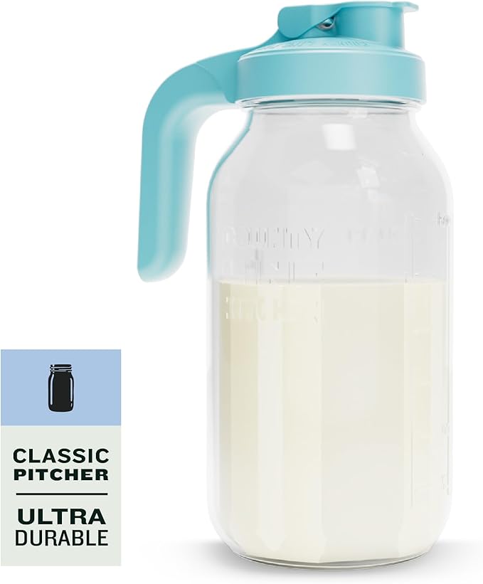 County Line Kitchen Glass Breast Milk Pitcher with Lid - Wide Mouth, 2 Quart (64 oz) - Heavy Duty, Leak Proof - Sun & Iced Tea Pitcher, Cold Brew Coffee, Breast Milk Storage, Water - Light Blue