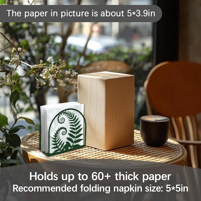 Fern Plant Decorative Green Metal Napkin Holder for Table, 5.9" x 5.9" x 1.9" Fern Leaf Standing Napkin Holder for Home Kitchen Restaurant Picnic Party Coffee Bar Dining Room