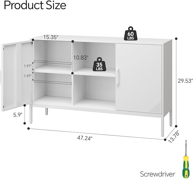 TV Stand with Door and Adjustable Shelves Sideboard Buffet Cabinet Coffee Bar Metal Locker Pantry with 2 Shelves for Office Home Kitchen Living Room (White, 47.24" D x 13.78" W x 29.53" H)