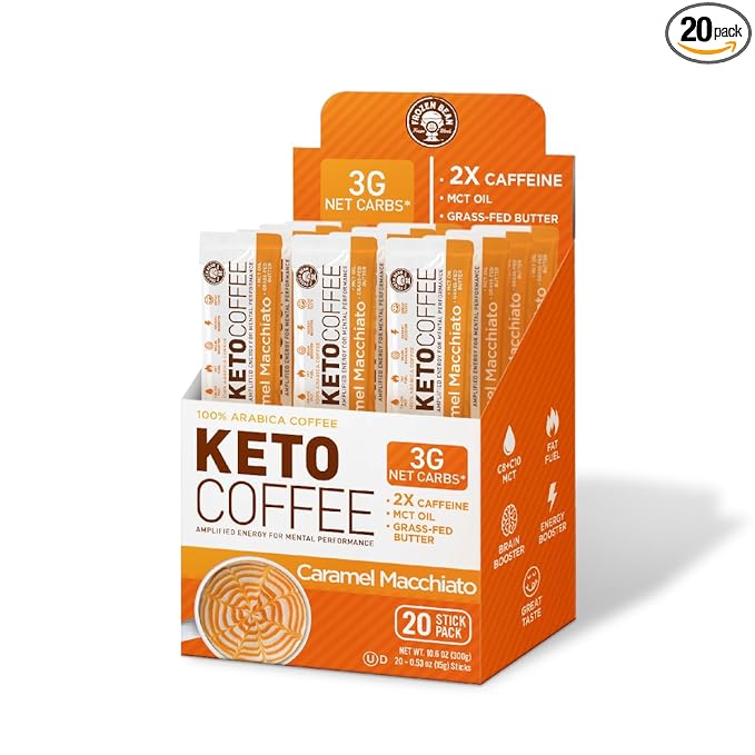 The Frozen Bean - Caramel Macchiato Keto Instant Coffee Mix with Low Sugar, MCT Oils, Skinny Coffee Weight Loss, Improves Focus and Energy, Increase Metabolism for Women Belly Fat - 20 Single Sticks