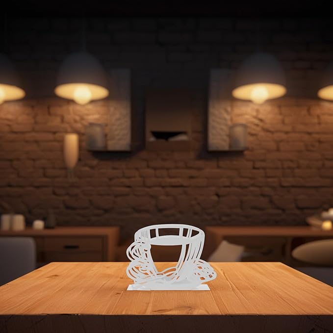 FUOYLOO White Stainless Steel Napkin Holder with Hollowout Coffee Cup Design Multifunctional Kitchen Table Tissue Stand for Countertop Dining Decor