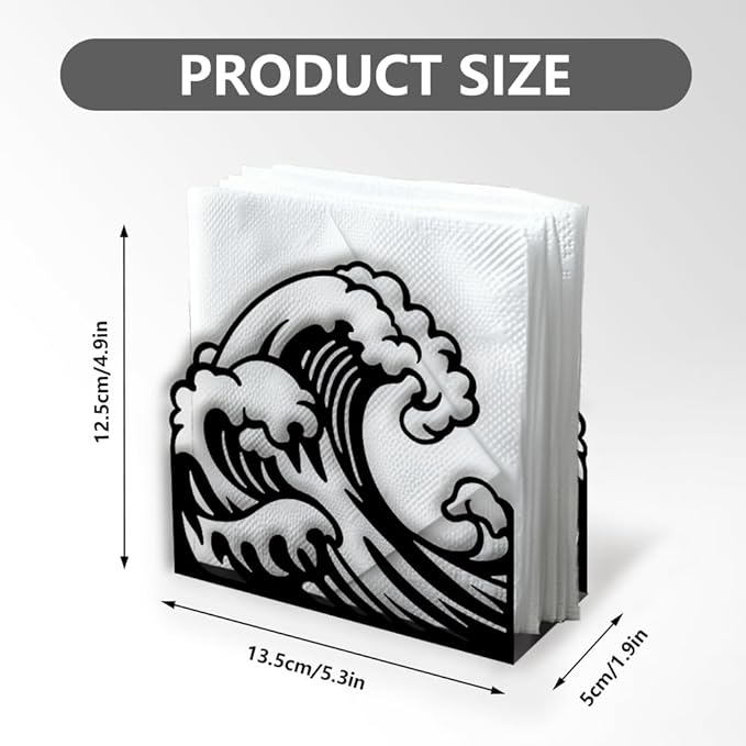 Ocean Waves Decorative Black Metal Napkin Holder for Table, 5.3" x 4.9" x 1.9" Sea Waves Standing Napkin Holder for Home Kitchen Restaurant Picnic Party Coffee Bar Dining Room