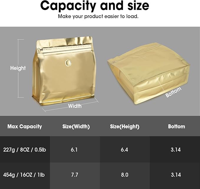 50 Count 16oz Coffee Bags with Valve,1lb Vented Coffee Beans Packaging Bags High Barrier Aluminumed Foil Flat Bottom Heat Sealed Side Zipper Resealable Storage Bag for Home or Business（Gold）