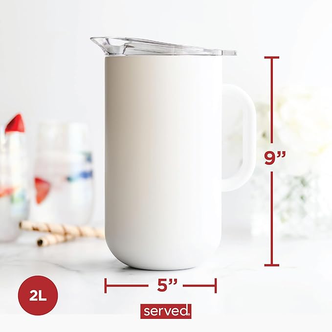 Served Premium Insulated Pitcher (2L/66oz) - Double Walled, Copper Lined Stainless Steel Pitcher with Lid - Vacuum Insulated Carafe for Hot Coffee, Tea, Iced Drinks, Water, Cocktails, and More
