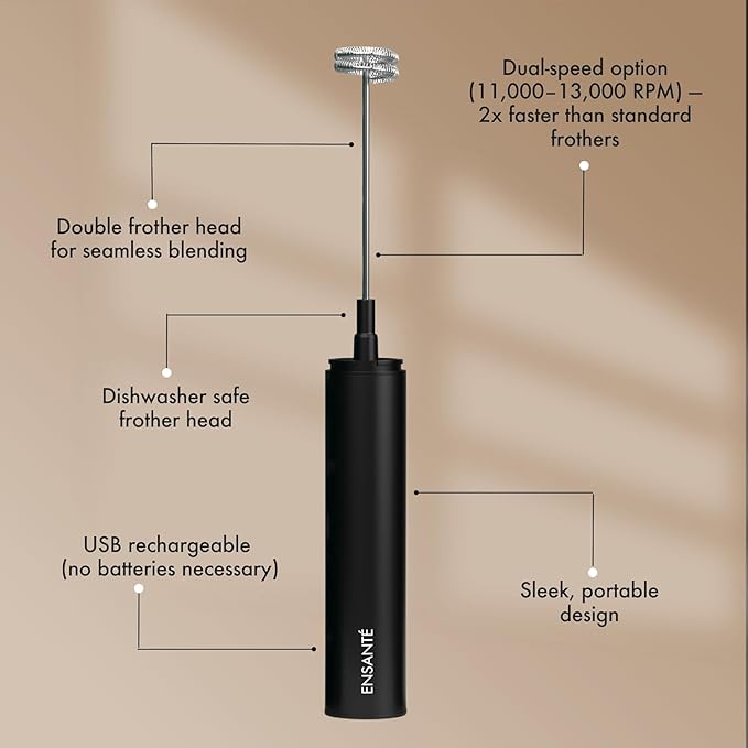 ENSANTE Ultra Fast Electric Milk Frother Wand Handheld 11,000RPM, Mini Whisk Mini Blender Rechargeable Frother for Protein Powder Lattes Matcha, Travel Frother with Case, Coffee Stirrers Electric