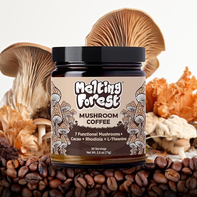 Melting Forest Mushroom Coffee, with 7 Functional Mushrooms, Cacao, Rhodiola, L-Theanine, Reishi & Lion's Mane, Stress Relieving, Focus, Cognitive Function & Mental Clarity (30 Servings)