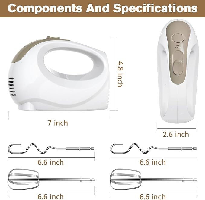 5-Speed Electric Hand Mixer with Whisk, Traditional Beaters, 120 Watts,Portable & Lightweight, Blending or Cooking, Brown