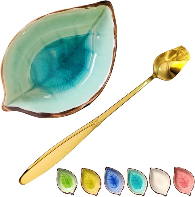 Coffee Spoon and Rest for Coffee Bar Accessories, Leaf Small Spoon Rest for Coffee Station, Tea Spoon Rest Tea Spoon Holder Teaspoon Rest, 1 PC (Ice Cracks Lake Blue with Gold Rose Spoon)