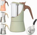 Glass Moka Pot for Stovetop & Induction - Italian Espresso Maker with Wood Handle & Leak-Proof Design - Comes with Induction Heat Diffuser Plate (6 Cup, Frosted 240ml)