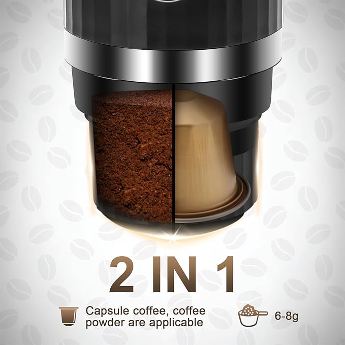 Portable Espresso Machine, Travel Espresso Maker, Car Coffee Maker Self-Heating with USB-C, Compatible with Ground Coffee & Capsules (NS＆DG) for RV, Hiking, Camping, Office