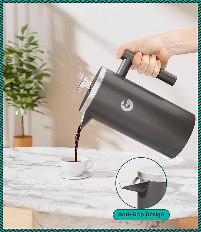 Coffee Gator 304 Grade Stainless Steel French Press Coffee Maker 34 oz, Double Wall Insulated Hot Cold Brew Teapot with 4-Level Filtration System, Include Travel Jar Canister, Rust-Free, Kitchen, Gray