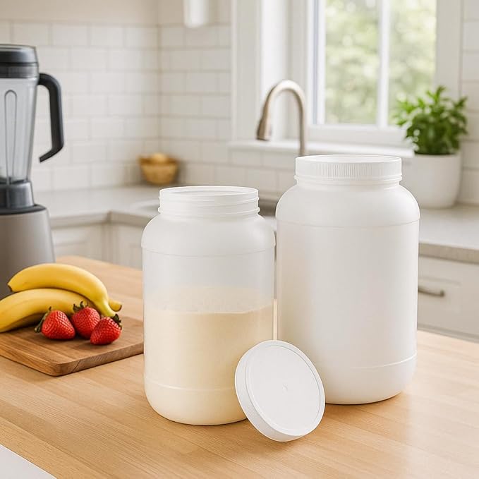 1 Gallon Protein Powder Container with Airtight Lid - Plastic Large Wide Mouth Jar - Pack of 2 - Made in USA