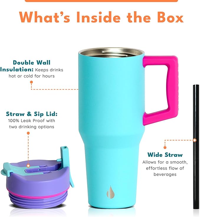 Elemental 32 oz 100% Leak Proof Tumbler with Handle & Straw - Stainless Steel Double Wall Insulated Tumbler for Hot and Cold Beverages - Travel Coffee Mug with Sip & Straw Lid - Blue Tie Dye
