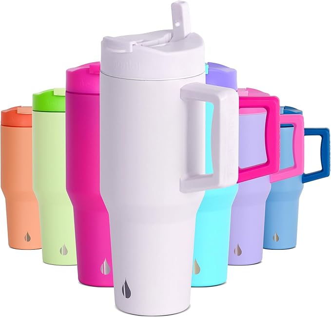 Elemental 32 oz 100% Leak Proof Tumbler with Handle & Straw - Stainless Steel Double Wall Insulated Tumbler for Hot and Cold Beverages - Travel Coffee Mug with Sip & Straw Lid - White