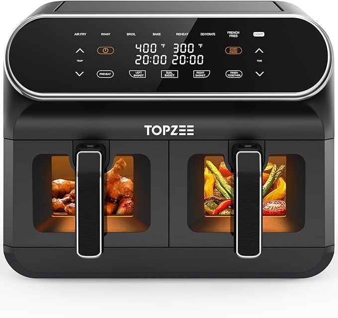 Topzee 8QT Dual Basket Air Fryer – Large 8-Quart Air Fryer with Independent Temperature Control, 8 Preset Functions, Match & Finish Together Mode, Clear Viewing Windows, Black