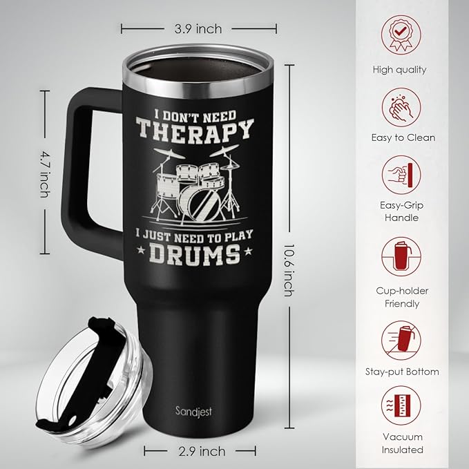 SANDJEST Drummer Gifts for Men, 40oz Stainless Steel Insulated Coffee Tumbler with Lid & Straw, Travel Mug Cup Gift for Drummers, Christmas Birthday
