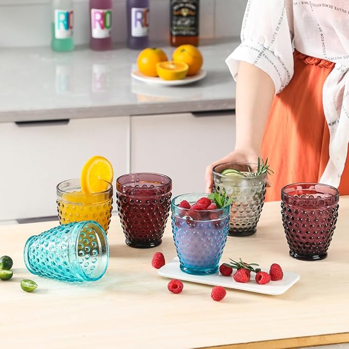 G Highball Hobnail Drinking Glasses Set of 6, 10.3 oz Vintage Glassware, Hobnail Tumbler Glasses Set for Cocktail, Soda, Beverages Whiskey,Juice,Cocktail, Milk, Dishwasher Safe, Good Gift Ideal-Purple