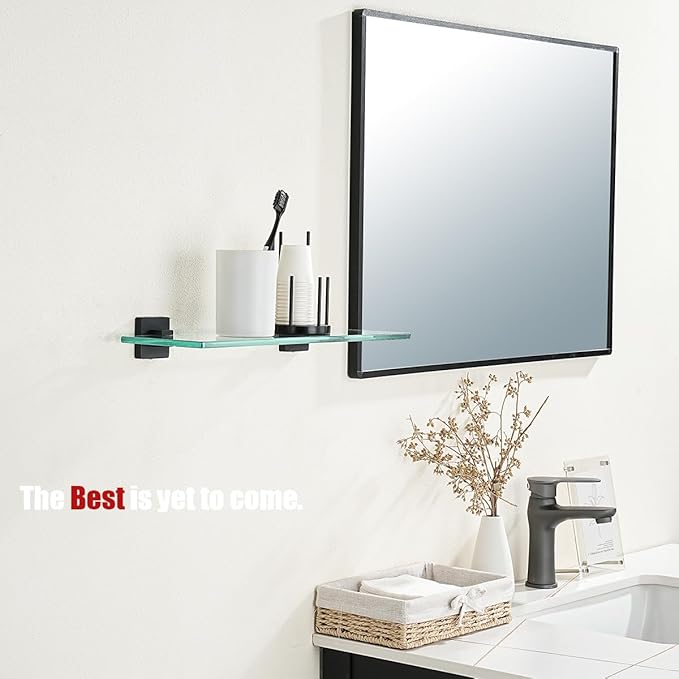 JQK Bathroom Glass Shelf Black, Tempered Glass Shower Storage 16 by 5 inches, 304 Stainless Steel Matte Black Wall Mount 2 Pack, TGS201L16-PB-P2