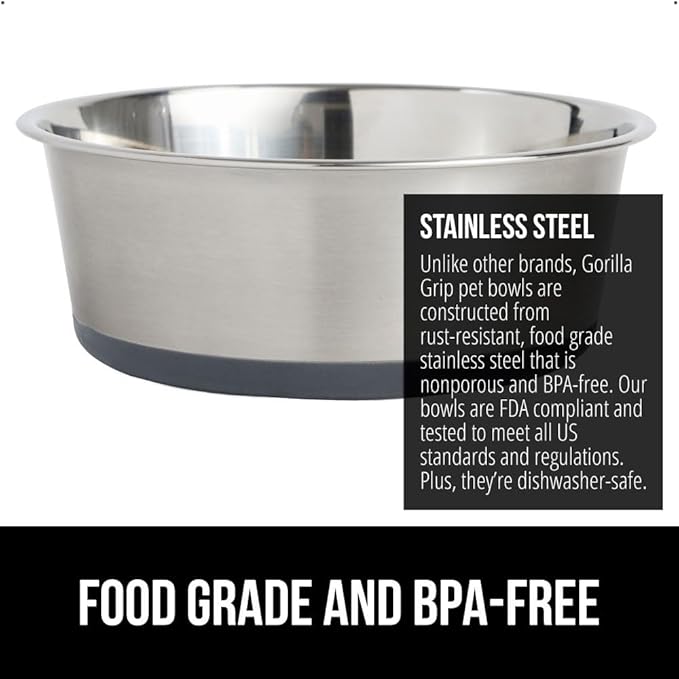 GORILLA GRIP Dog Bowl, Holds 8 Cups (64 fl oz), Heavy Duty Metal Food and Water Bowl for Feeding Dogs and Cats, Easy Clean, Dishwasher Safe, Rust Resistant Stainless Steel, BPA Free Rubber Base, Gray