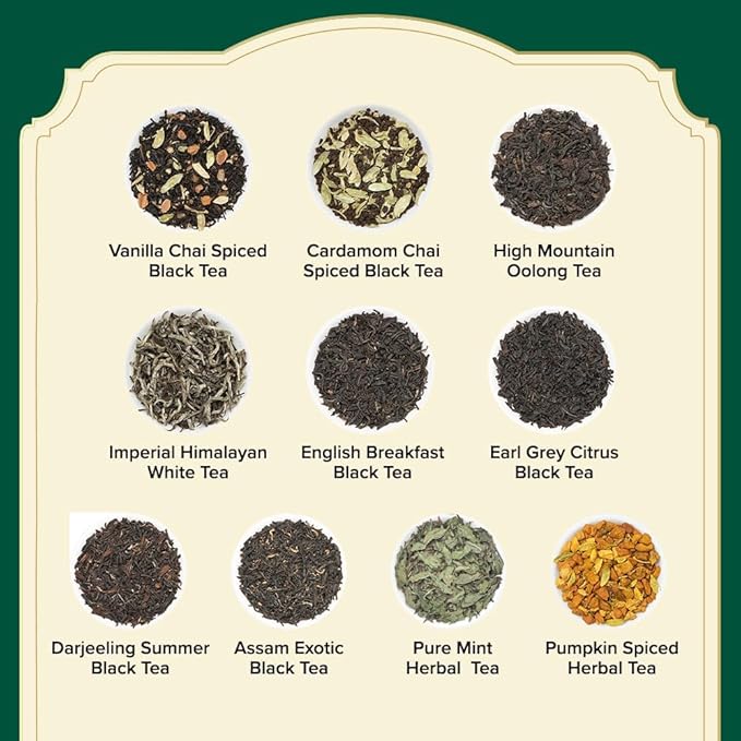 VAHDAM, Assorted Tea Sampler (20 Delicious Variety, 40 Individually Wrapped Pyramid Teabags) Long Leaf Premium Teas I Christmas Tea Gift Set