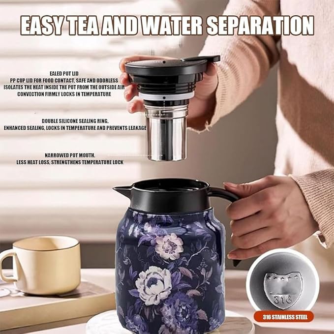 Vintage Floral Pattern Teapot – Built-In Infuser, 800ML/1000ML Heatproof Stainless Steel Teapot with Lid for Hot Drinks (Orange, 1000ml-Plastic handle)