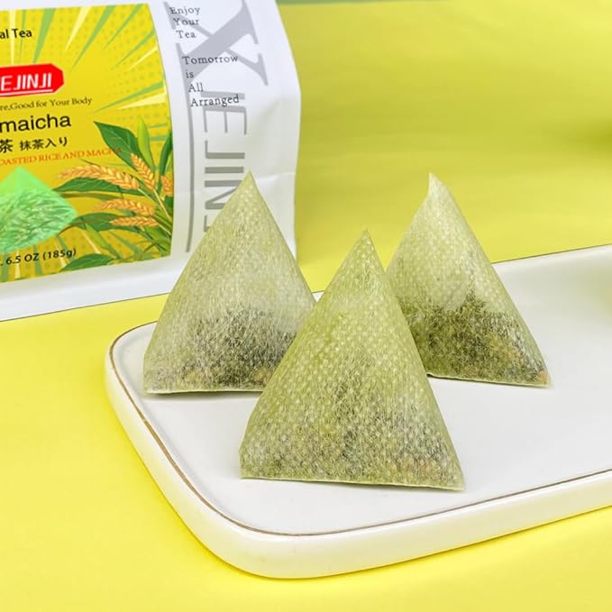 XIEJINJI Genmaicha, Green Tea with Matcha - 3.7g x 50 Count, Japanese-style Roasted Brown Rice Tea, Low Caffeine, Eco-Conscious Tea Bags