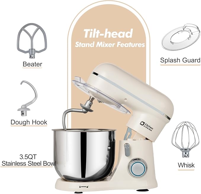 Kitchen in the Box Stand Mixer, 3.5 QT Small Kitchen Electric Stand Mixers, 10-Speed Portable Lightweight Dough Mixer for Daily Use with Egg Whisk, Dough Hook, Beater (Cream White)